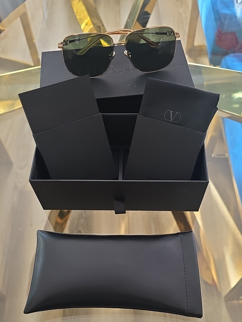 Valentino Garavani Black Sunglasses Case & Pouch Set with Gold-Trim Sunglasses